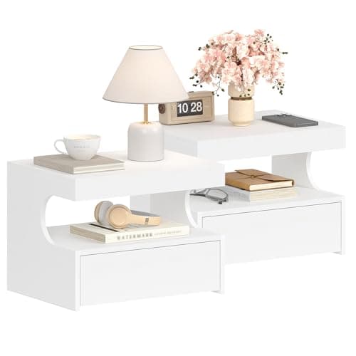 Image of Hzuaneri Floating Bedside Tables Set of 2, Wall Mounted Bedside Cabinets, Floating Nightstand with 1 Drawer with Glides, Open Space, Modern, for Bedroom, Living Room, 30 x 40 x 29.2 cm, White NS50203X