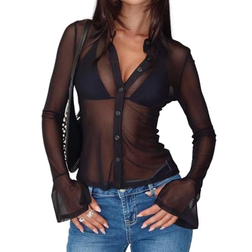 Image of Women’s Sheer Button Up Shirt Y2K Long Sleeve Lapel V Neck Mesh Top Vintage See Through Basic Blouse Streetwear (Black, L)