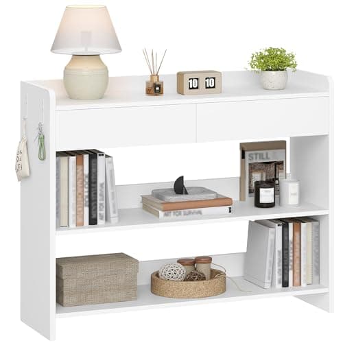 Image of Hzuaneri Console Table with Drawers, Hallway Table with 3 Tiers Storage Shelves, Slim Sofa Side Tables with Two Hooks for Entryway Living Room Bedroom 100 x 30 x 80 cm, White CT01603X