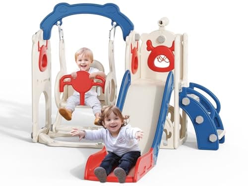 Image of Krovtoy Thickened & Widened Kids Slide,170cm extra-long slideway,Toddler Slide Freestanding with Basketball Hoop, Baby Slide Playground Equipment,Kids Slides Outdoor for age 1-3 year(Blue-5 in 1)