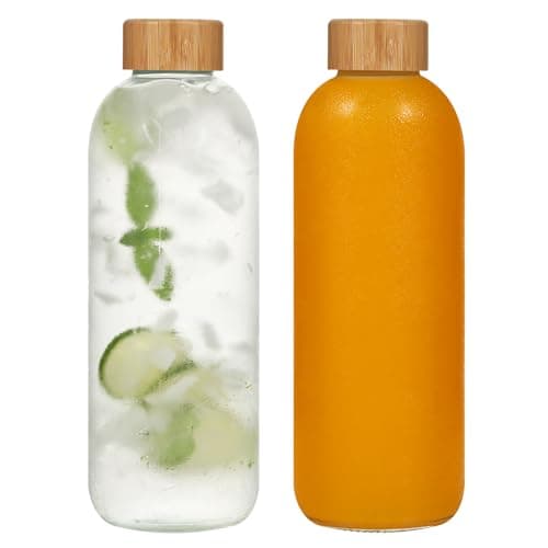 Image of LIMILI Glass Bottles With Bamboo Lids, 2Pcs 1000ML Water Bottles, Leak Proof Reusable Drinking Bottles for Hot Cold Drinks, Work, Gym, Home (1000ml - 2pcs)