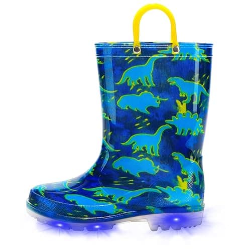 Image of EUXTERPA Light Up Wellies for Boys Girls, Boy Dinosaur Kids Welly Boots Children Wellingtons Waterproof Boots with Handle Size 7 UK Child