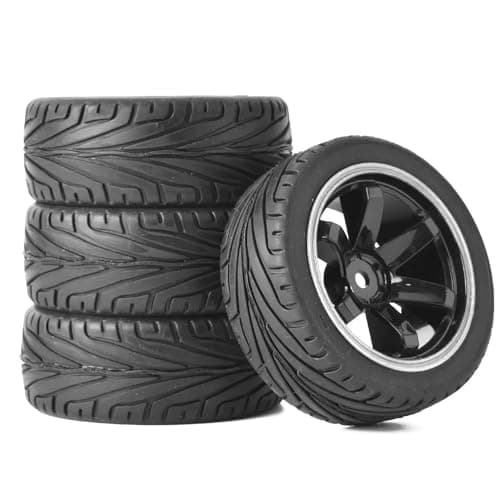 Image of KINGCOO 4PCS 1:10 RC Car Tyre 65mm Rubber Tires and Plastic Wheel Rims for 1/10 On-Road Racing Touring Drift Car Spare Parts for HSP Tamiya HPI Kyosho (Black/Silver)