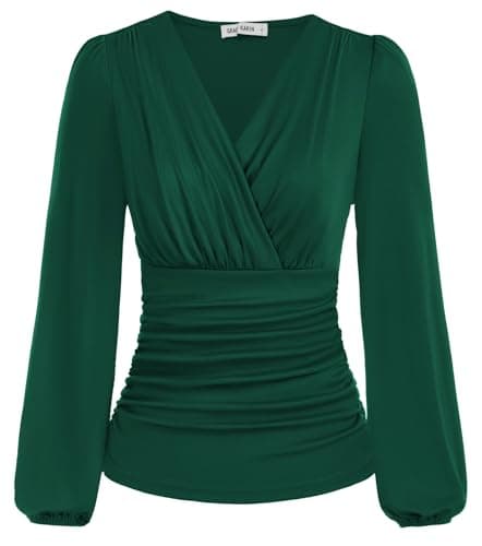 Image of GRACE KARIN Women Slim Fit Long Lantern Sleeve Tops Casual Elegant V-Neck Winter Summer Blouse Dark Green S