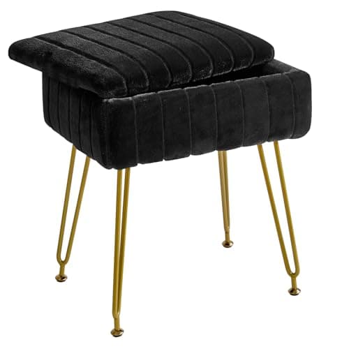 Image of IBUYKE Stool Chair with Storage Space, Footrest Footstool Ottoman, Small Side Table, with 4 Metal Legs, with Anti-Slip Feet, for Makeup Room, Bedroom, Faux Fur, Black L/G-50B
