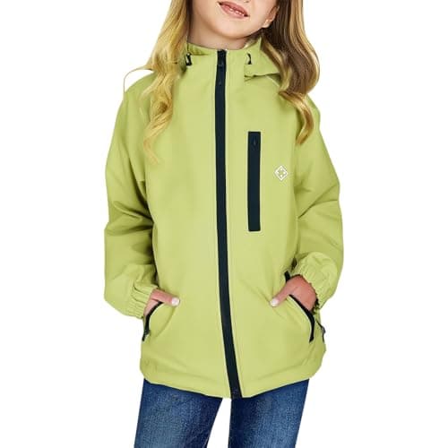 Image of Boys Girls Fleece Lined Waterproof Resistant Windproof Kids Lightweigh plain Hooded Jacket Rain Jacket School Rainwear Outwear Hooded Coat For Wet Weather (Green, 13-14 Years)