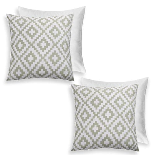 Image of Brentfords Outdoor Filled Cushions with Covers Geometric Print, Outdoor Garden Furniture Pillow Super Soft Comfy Cushion Pads with Covers 2 Pack, Sage/White-45x45cm