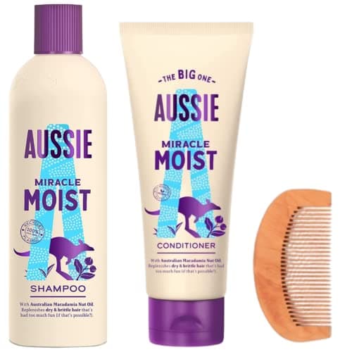 Image of Dry Hair Shampoo Conditioner Set with 1x Aussie Miracle Moist Shampoo 300ml, 1x Miracle Moist Conditioner 200ml & 1x CHG Hair Comb - Thirsty Parched Women Hair, Restore Hydration, Damage Repair