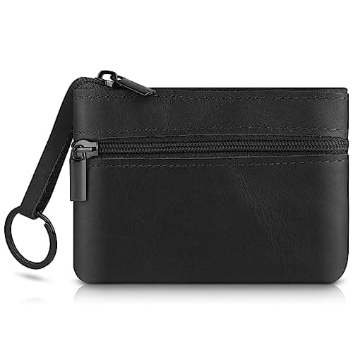 Image of Amaxiu Genuine Leather Coin Purse, Cowhide Zipper Coin Pouch Wallet with Keychain Change Holder Pocket Coin Organizer for Women Men (Black)