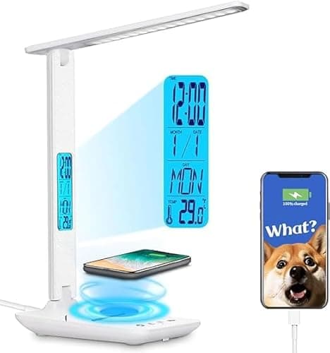 Image of LED Desk Lamp with Wireless Charger and USB Charging Port, Desk Lamp with Clock, Alarm, Date, Temperature Function, 5 Brigntness, 3 Colour Modes, Desk Light for Home Office Work Study（White）