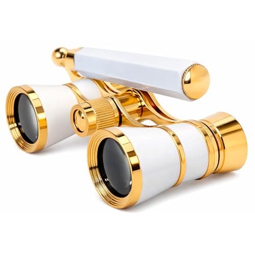 Image of HQRP 3 x 25 Opera Glasses Binocular w/Built-in Extendable Handle White-Pearl with Gold Trim with Crystal Clear Optics (CCO)