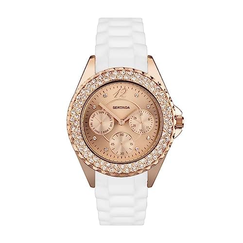 Image of Sekonda 37mm Womens Classic Quartz Watch Rose Gold Dial White Silicone Strap Day Date Display 30m Water Resistant Mineral Glass 2-Year Guarantee