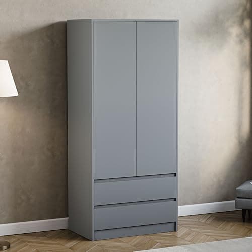 Image of Vida Designs Denver 2 Door & 2 Drawer Wardrobe | Grey | Bedroom Furniture | 174H x 76W x 53D cm | with Spacious Drawers & Hanging Rail | Large Capacity Storage