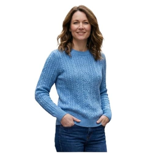Image of Women’s Cable Knit Jumper Long Sleeve Crew Neck – Soft Fisherman Ladies Sweater, Warm Winter Knit Pullover-Sky Blue M -L