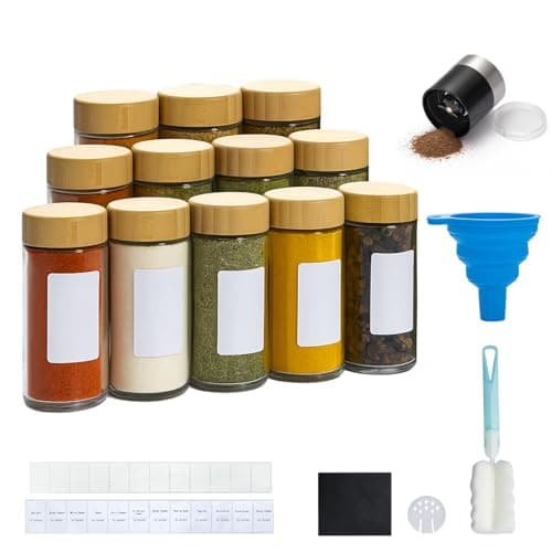 Image of BLUE BAZAAR Glass Spice Jars Set 120ml Clear Kitchen Storage Jars with Airtight Wooden Lids, Glass Spice Jars Funnel & Chalkboard Labels – Seasoning Containers for Herbs & Spices (Bamboo Lid, 12PCS)