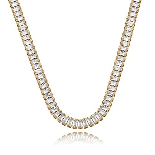 Image of Tewiky Tennis Necklace 14K Gold Plated/Silver Sparking Rhinestone Choker Necklaces Dainty Crystal Cubic Zirconia Bridal Wedding Jewelry for Women