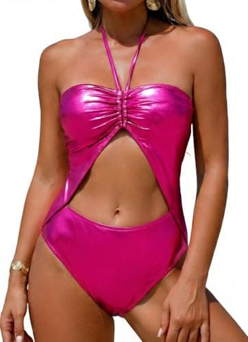Image of SEAUR Sexy Open Back One Piece Swimsuit for Women Shiny Metallic Cut Out Padded Bathing Swimwear with Halter Bra Rose Pink M