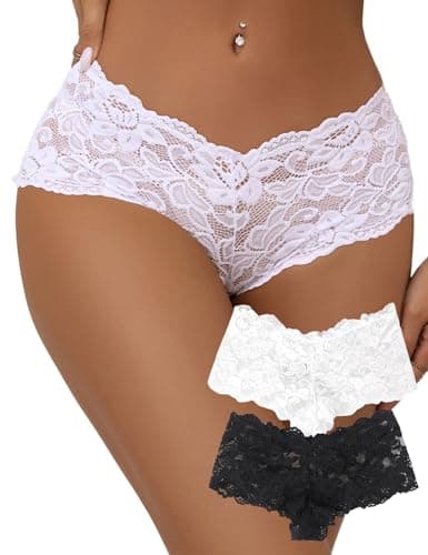 Image of ohyeahlady Women Lace French Knickers Ladies Cotton Crotch Hipster Panties Brazilian Cheeky Underwear 2 Pack Sexy Bikini Briefs Black White