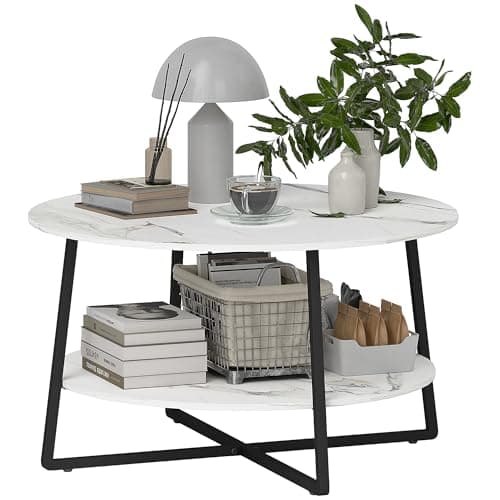 Image of HOMCOM 2-Tier Round Coffee Table with Storage Shelf, Living Room Table with Marble Effect Top and Steel Frame, White