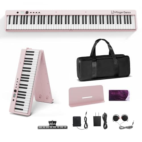 Image of Finger Dance Folding Piano Keyboard 88 Keys, Portable Electric Keyboard with Bluetooth MIDI, Full Size Digital Piano, Wood Grain, Semi-Weighted, Touch Sensitive, with Storage Bag for Beginner (Pink)