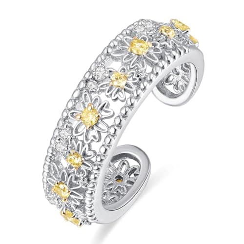 Image of KINGWHYTE Daisy Ring 925 Sterling Silver Adjustable Flower Open Rings Birthday Jewelry Gifts for Women