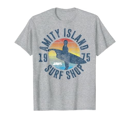 Image of Jaws Amity Island Surf Shop 1975 Retro Logo T-Shirt, Men, Heather Grey, Large