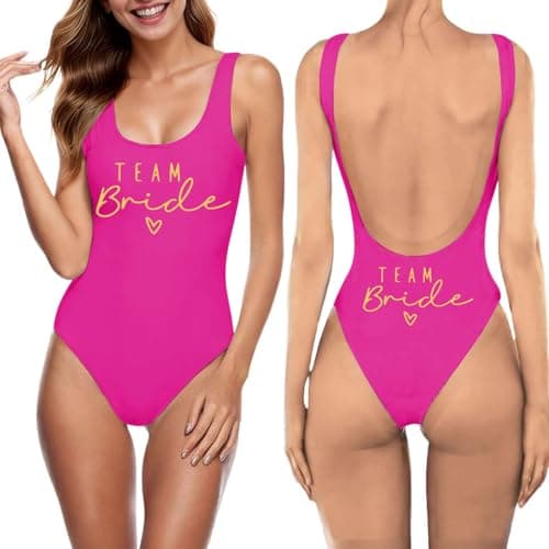 Image of Women's Team Bride One Piece Swimsuit Beach Swimwear Tummy Control Bathing Suit Swimming Costume Hen Party Beachwear Retro Backless Stretchy Comfortable Bikini Swimsuits Hot Pink