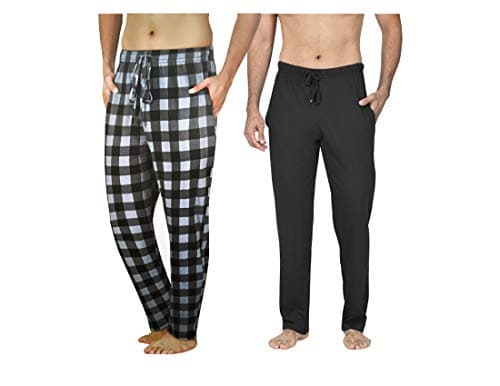 Image of Men's Long Lounge Wear Pants Nightwear (Two Pack) Pyjama Bottoms Sleepwear (Black/Black Check, Large)