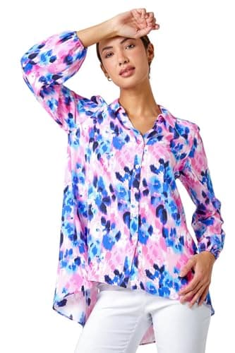 Image of Roman Shirt for Women Ladies Cotton Blouse Button Through Tunic Printed Top Work Long Sleeve Smart Casual Going Out Work Office V Neck Everyday Evening Event - Pink Blue - Size 12