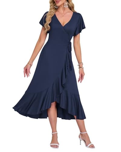 Image of AUSELILY Summer Dresses for Women UK Midi Wrap Beach Casual V-Neck Short Sleeve Slit Ruffle Dress for Cocktail Wedding Guest Navy Blue