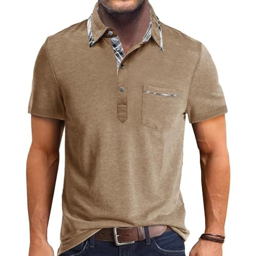 Image of Comilaka Men's Short Sleeve Casual Polo Shirts Classic Button Contrasting Colors T- Shirts with Pocket Stylish Tops Khaki