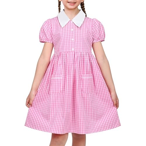 Image of Sunny Fashion Girls Dress Pink White Gingham Puff Sleeve Button Pocket School Holiday Age 10 Years