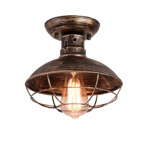 Image of Qcyuui Vintage Industrial Ceiling Lights with Metal Cage, Semi-Flush Mount Lighting Fixture, Oil Rubbed Bronze Chandelier for Farmhouse Kitchen Bathroom Hallway