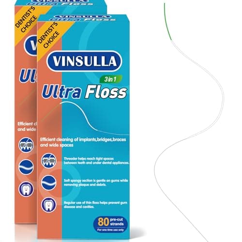Image of VINSULLA Super Floss for Braces, 3-in-1 Dental Floss Threaders for Bridges, Implants & Retainers - 80 Pre-Cut PFAS & PTFE Free Strands, Oral Care Hygiene Essential (Pack of 2)