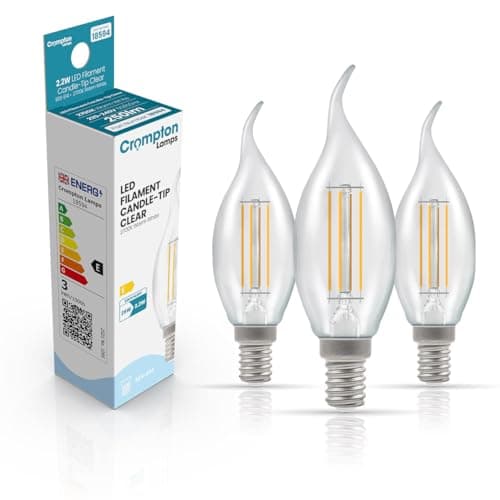 Image of Crompton Lamps Bent-Tip Candle LED Light Bulb SES-E14 | 2.2W = 25W Equivalent | Warm White 2700K | Flame Tip | Small Screw Lightbulb | Long Life 15,000-Hrs | Clear Glass | 3-Pack