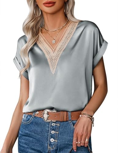 Image of Zeagoo Women's Satin Blouse Short Sleeve Tops V Neck Shirt Elegant Casual Office Work Blouses Grey XL