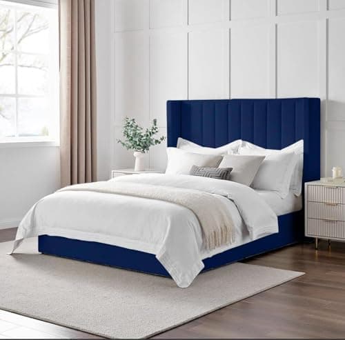 Image of 4FT Small Double Winged Bed Frame With Wingback Headboard Upholstered In Soft Plush Velvet Blue Bed Wooden Slats - No Mattress - No Storage (Blue, 4FT Small Double - No Mattress - No Storage)