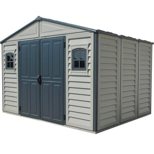 Image of Duramax WoodBridge II PLUS 10.5 x 8 (8.02 m2) Plastic Garden Shed with Metal Foundation Kit and 2 Fixed Window, Strong Metal Roof Structure and Maintenance-Free Storage Shed, Dark Grey/Adobe