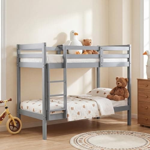 Image of Panana Single Wooden Bunk Bed Frame, 3FT Twin Sleeper Solid Pine Platform Bed (Grey, Single Bunk)