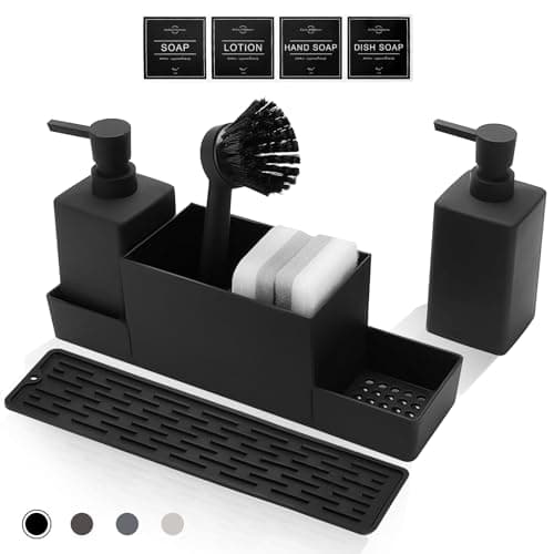 Image of Haisheng 1 Set Kitchen Soap Dispenser, Black 2 Pack Soap Dispenser Bottle with Pumps, Sponges, Brush, Drainer Tray, 350ML Shampoo Lotion Bottle for Kitchen and Bathroom