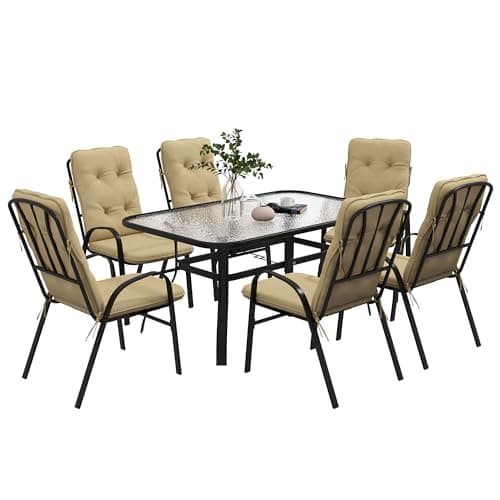 Image of Outsunny 7 Pieces Garden Dining Set, Outdoor Rectangular Dining Table and 6 Cushioned Armchairs, Tempered Glass Top Table w/Umbrella Hole, Texteline Seats, Beige