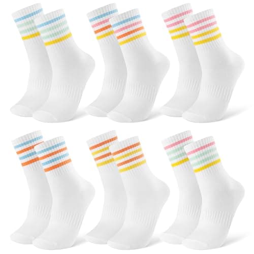 Image of Zuimei 6 Pairs Ladies Sports Socks, Ankle Crew Socks for Women, Gym Leisure Striped Mid-Calf Athletic, Cotton Breathable Moisture Socks UK 4-5.5