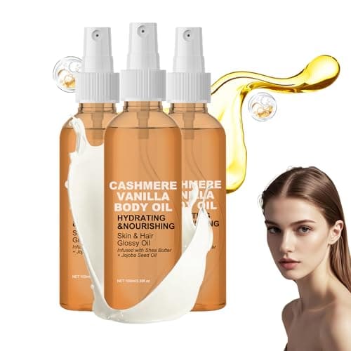 Image of Vanilla Cashmere Body Oil,Moisturizing Massage Oil with Shea Butter Jojoba,Soothes Hydrating,Nourish Dry Skin,Hydration Nourishes Brightens,Glossy Skin Hair Oil Spray for Skin 100ml (3PC, One Size)