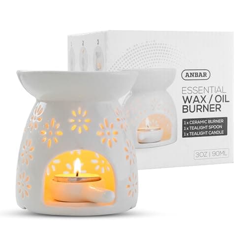 Image of Anbar Star Flower Pattern Ceramic Oil Burner with Tealight Holder & Candle, 90ml Bowl, Glazed Finish, Aromatherapy Wax Warmer Diffuser, Bedroom Decor for Home Relaxation (1)