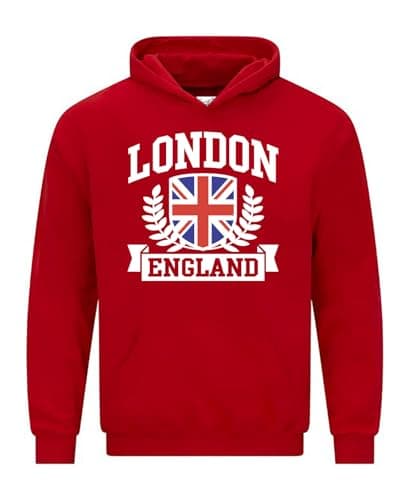 Image of Snapit London England Men's Hoodie Union Jack Souvenir Quality Printed Hooded Top |Flag Culture souvenir Travel Hoodie Jumper| Unisex London Souvenir Sweatshirt for UK Men/Women/Kids Red