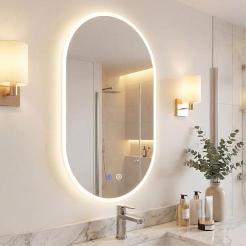 Image of COSTWAY Bathroom Mirror with LED Lights, Oval Illuminated Backlit Wall Mounted Vanity Mirror with Anti-Fog, 3-Color Dimmable, Memory & Touch Switch, IP44 Tempered Glass Makeup Wall Mirrors (800x500mm)