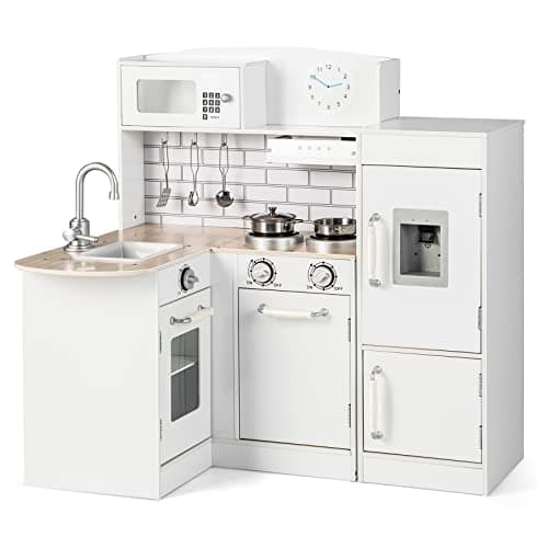 Image of COSTWAY Kids Corner Play Kitchen, Wooden Pretend Cooking Playset with Realistic Microwave, Oven, Sink, Refrigerator, Water Dispenser and Utensils, Children's Chef Role Play Set for Boys Girls