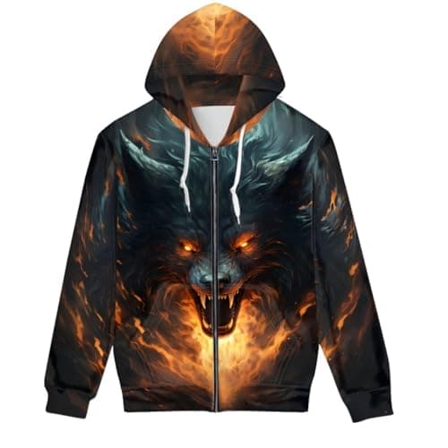 Image of GLUDEAR Unisex Realistic 3D Digital Print Full Zip Hoodie Jackets Hooded Sweatshirt, Flame Roar Black Wolf, XX-L