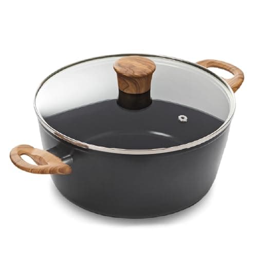 Image of Blackmoor 24cm Stockpot with Tempered Glass Lid/Non-Stick Ceramic-Coated Pot with Wood Effect Handle, PFAS-Free, Suitable for All Hob Types/Sherwood Classic Range 65299