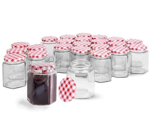 Image of MAGNA RETAIL Hexagonal Jam Jars - Set of 24 | 250ml Capacity | Glass Jars with Lids | Preserving Pots | Screw Top Gingham Lids | Airtight Pickling & Sauce | Wedding Favours | Sweets, Herbs & Spices